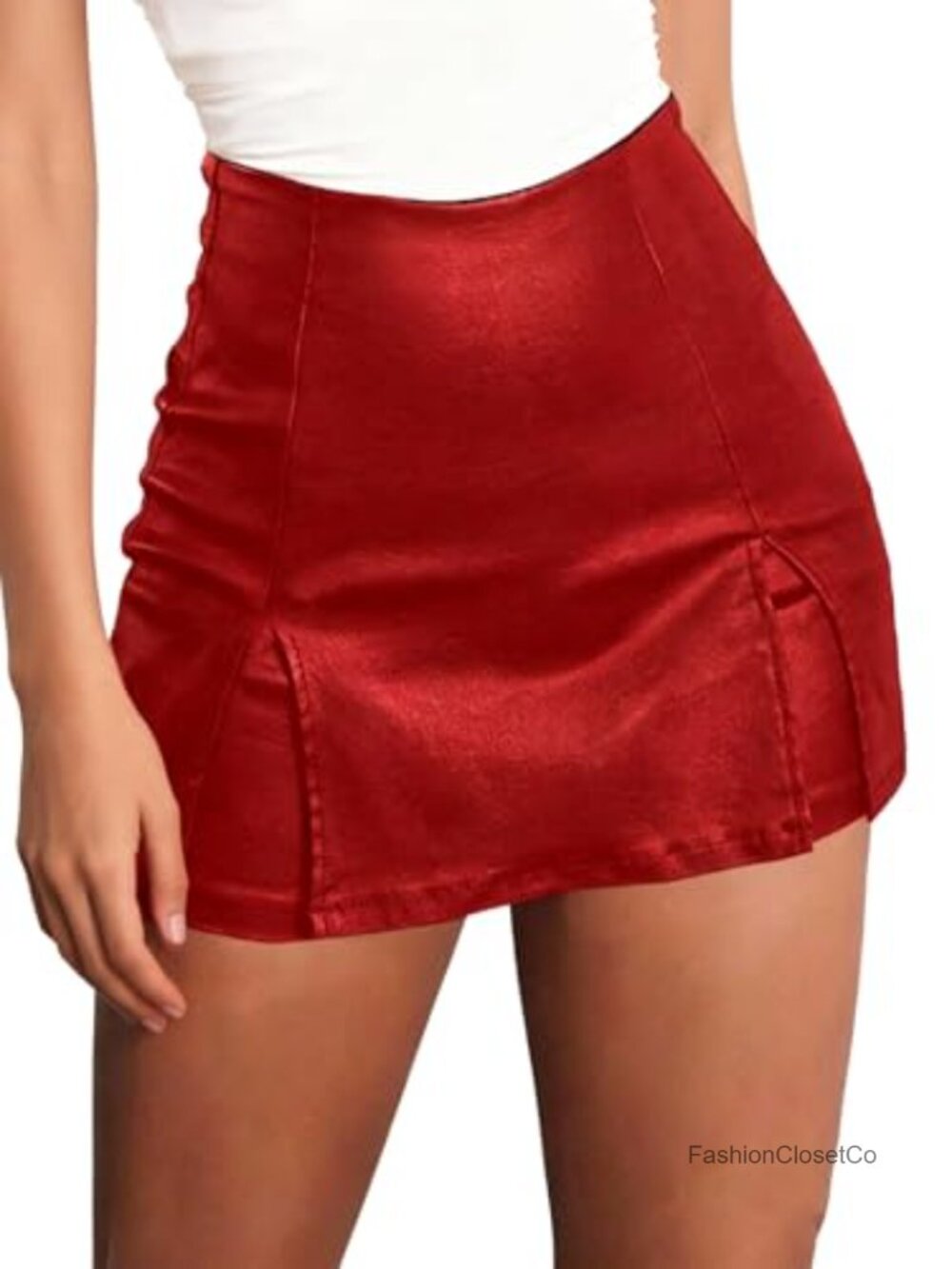 Faux Leather High Waist Mini Skort Side Slit Fitted Going Out